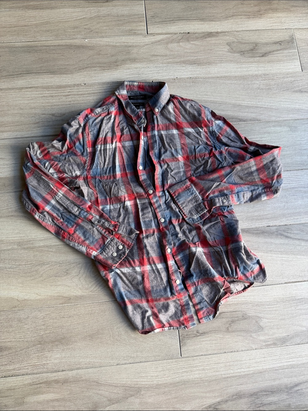Banana Republic Plaid Button-Down Shirt in Red, Gray & Blue